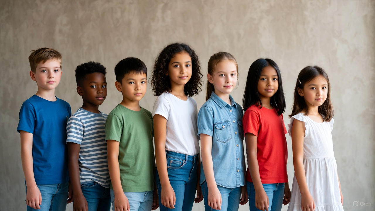 A large group of children smiling and raising their hands